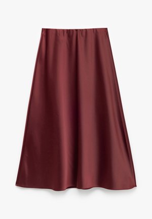 Bordeaux satinv midi nederdel med en glat tekstur, flared design og elastisk talje, der har en ren, ensfarvet overflade.