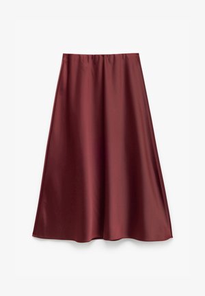 Bordeaux satinv midi nederdel med en glat tekstur, flared design og elastisk talje, der har en ren, ensfarvet overflade.