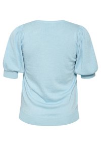 Maglione lavorato a maglia di colore azzurro chiaro con maniche a sbuffo corte, scollatura tonda e finitura testurizzata. La vista posteriore mostra una silhouette aderente.