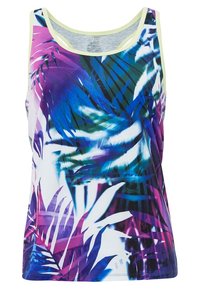 Bezrękawnik wykonany z lekkiego materiału, zdobiony żywym nadrukiem tropikalnych liści w odcieniach fioletu, niebieskiego i zielonego z kontrastowym żółtym wykończeniem.