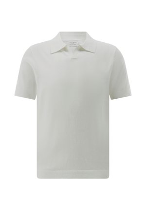 Plain white short-sleeve polo shirt with a small collar and a subtle v-notch at the neckline.