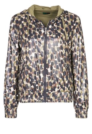 Veste à capuche en tissu brillant à motifs avec des nuances de marron, vert et bleu foncé. Dotée d'une fermeture éclair à l'avant et de poignets et ourlet élastiqués.