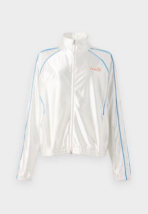 White zip-up jacket made of glossy fabric. Features blue accent lines and an orange logo on the left chest area. High collar and elastic cuffs.