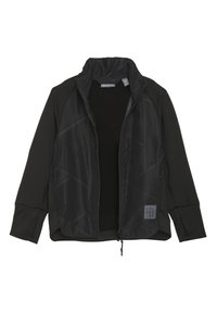 Svart zip-up jacka med en strukturerad stickad kropp, släta kontrastsleeves och geometriska sömnadsdetaljer. Har en logomärke på framsidan.