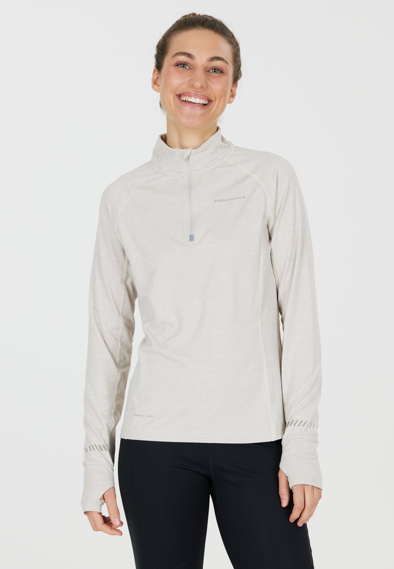 Light gray long-sleeve top with a quarter zip, raglan sleeves, and thumbholes. Features subtle "ENDURANCE" branding. Smooth texture.