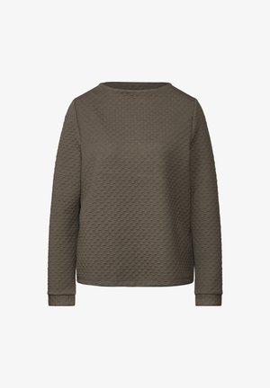 Sudadera acolchada marrón con cuello redondo, mangas largas y patrón de rombos texturizado. Tejido suave y puños acanalados en el dobladillo.
