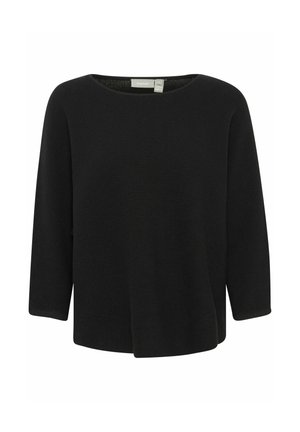 Juoda, raštuota megzta palaidinė su laivagalio iškirpte ir trimis ketvirčiais rankovėmis. Siūlo laisvą prigludimą ir sklandžią tekstūrą.