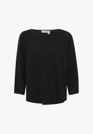 Juoda, raštuota megzta palaidinė su laivagalio iškirpte ir trimis ketvirčiais rankovėmis. Siūlo laisvą prigludimą ir sklandžią tekstūrą.