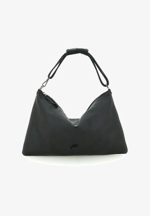 Borsa a tracolla nera in pelle con forma triangolare morbida, doppio manico corto con impugnatura imbottita e piccolo logo vicino al centro inferiore.