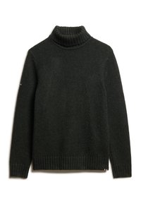 Jersey de tortuga verde oscuro realizado en un material de punto texturizado, con puños y dobladillo acanalados, y un pequeño acento cerca de la parte inferior izquierda.