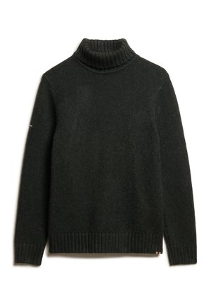 Pull à col roulé vert foncé en tricot texturé, avec des poignets et un ourlet côtelés, et un petit accent près du bas gauche.