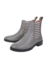 Stivali alla caviglia in pelle grigia con pannelli elastici laterali caratterizzati da strisce grigie e beige e un motivo a cuori; suola in gomma nera e tacco texture.