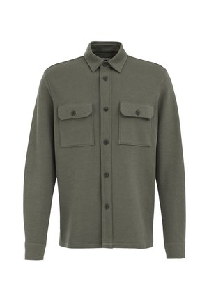 Olíva zöld hosszú ujjú, gombos ing két elülső, gombos mellzsebbel és hegyes gallérral.