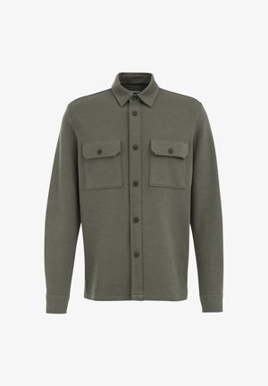 Olíva zöld hosszú ujjú, gombos ing két elülső, gombos mellzsebbel és hegyes gallérral.