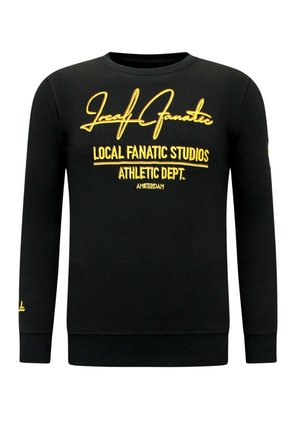 Zwarte katoenen sweat shirt met gele geborduurde tekst. Ronde hals, lange mouwen, geribbelde manchetten en tailleband.