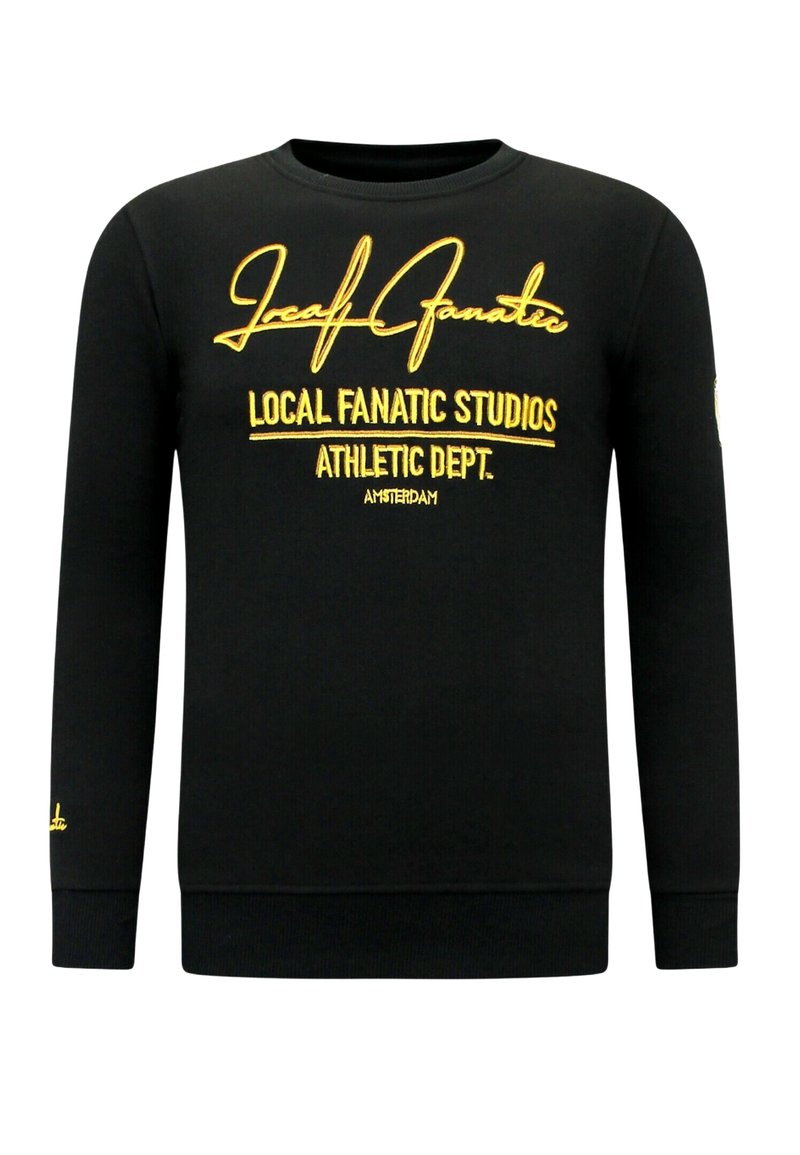 Zwarte katoenen sweat shirt met gele geborduurde tekst. Ronde hals, lange mouwen, geribbelde manchetten en tailleband.