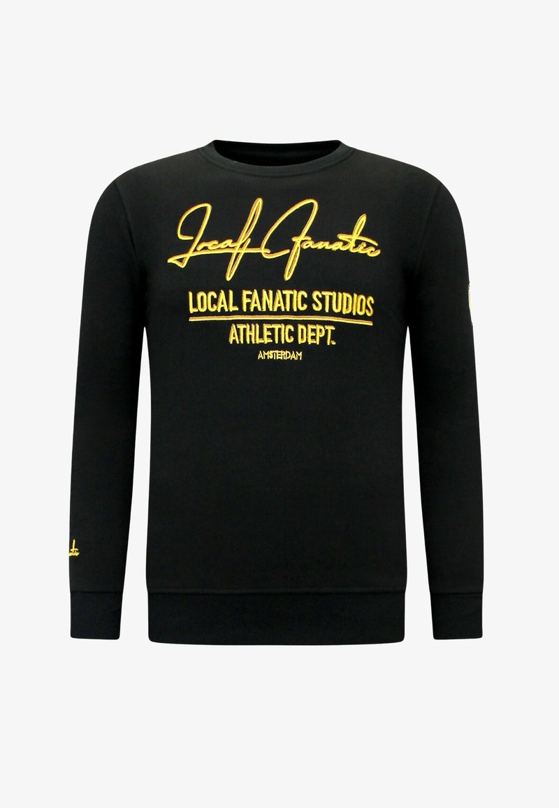 Zwarte katoenen sweat shirt met gele geborduurde tekst. Ronde hals, lange mouwen, geribbelde manchetten en tailleband.