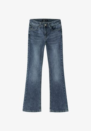 Jean en denim bleu avec une légère décoloration, design cinq poches, fermeture par bouton et fermeture éclair, et un léger évasement en bas des jambes.