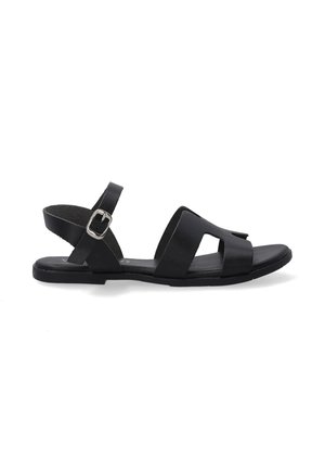 Black leather sandals with a flat sole, featuring two wide toe straps, a back strap, and an adjustable buckle for fit.