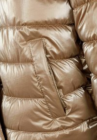 Metalizuotas auksinis pūkinis švarkas su siuvinėta tekstūra, turintis paslėptą kišenę ir lygią, blizgią medžiagos apdailą.