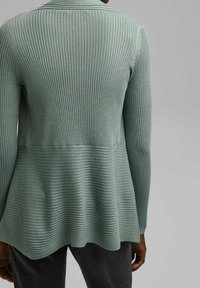 Vaaleanvihreä ribbineulottu neuletakki, jossa on vartaloa myötäilevä yläosa ja levenevä helma. Sileä pinta, jossa vaakasuoria ribbikuvioita; pitkät hihat.