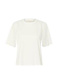 T-shirt bianco con maniche corte a palloncino, dettagliato con ricami ad occhiello e bordi ondulati, realizzato in morbido cotone.