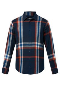 Camisa de hombre de botones en azul marino con un patrón a cuadros que presenta franjas rojas, grises y azules. Mangas largas con cuello puntiagudo.