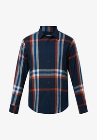 Camisa de cuadros azul marino con rayas rojas, grises y azules, cuello abotonado, mangas largas y cierre frontal con botones. Tejido de mezcla de algodón.