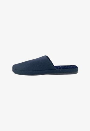 Pantofole chiuse blu navy senza lacci con tomaia in tessuto morbido e soletta decorata, suola piatta, progettate per uso interno.