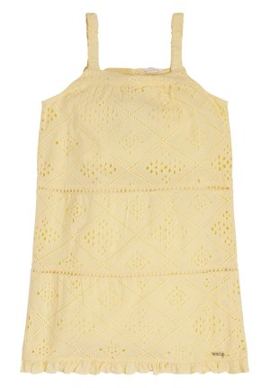 Robe jaune sans manches avec motif losange ajouré, ourlet volanté et bretelles réglables.
