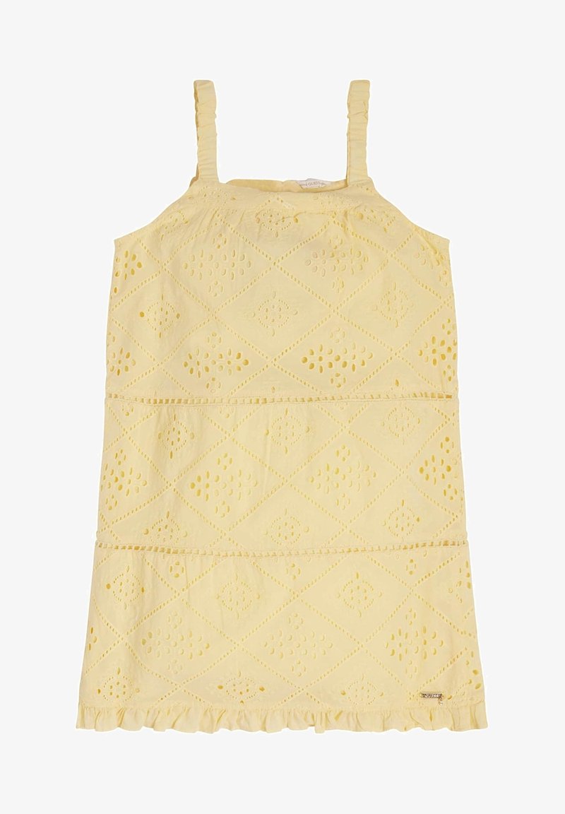 Robe jaune sans manches avec motif losange ajouré, ourlet volanté et bretelles réglables.