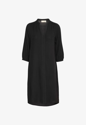 Vestido negro, hasta la rodilla, hecho de tejido texturizado, con escote en V, mangas tres cuartos y una tapeta frontal.