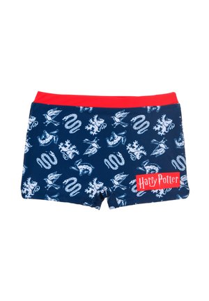 Shorts de bain navy avec des motifs de créatures magiques blancs, une taille rouge et une étiquette "Harry Potter" rouge sur le côté gauche.