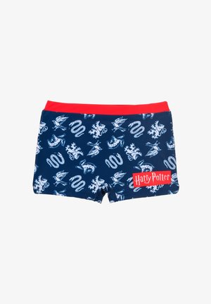 Navy swim shorts featuring white magical creature patterns, red waistband, and a red "Harry Potter" logo tag on the left side.