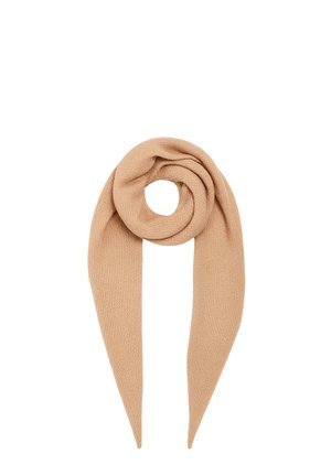 Beige knitted scarf with a soft texture, arranged in a loop with two tapered ends hanging down.