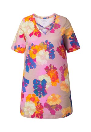 Lyhythihainen mekko vaaleanpunaisella pohjalla ja suurilla, eloisilla kukkakuoseilla oranssin, keltaisen, sinisen ja valkoisen sävyissä. V-pääntie ristikkäiskoristein.