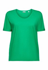 Camiseta de manga corta verde brillante, hecha de un tejido suave y ligero. Presenta un escote redondeado y mangas enrolladas para un ajuste relajado.