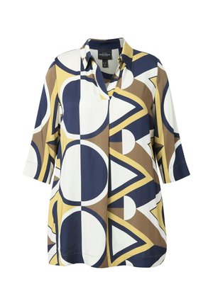 Blusa con colletto e maniche 3/4, caratterizzata da motivi geometrici in blu navy, bianco, giallo senape e marrone.