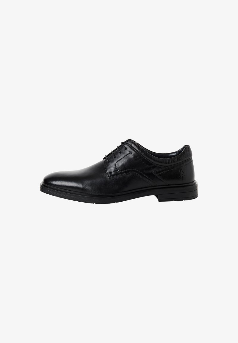 Black leather dress shoe with a smooth finish, lace-up design, pointed toe, subtle stitching details, and a rubber sole.
