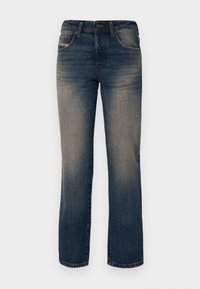 Jeans i denim i mörkblå med en urtvättad finish, rak passform, femficksdesign och metallknappstängning i midjan.