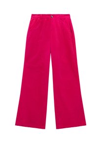 Pantaloni a gamba larga in corduroy di un vivace colore rosa. Presentano una chiusura con bottone, due tasche frontali e una texture rigata verticale su tutta la superficie.