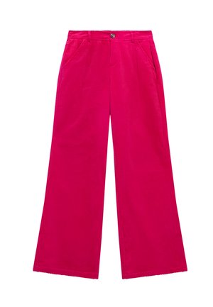 Pantaloni a gamba larga in corduroy di un vivace colore rosa. Presentano una chiusura con bottone, due tasche frontali e una texture rigata verticale su tutta la superficie.