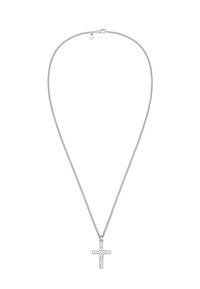 Sølvtov kædereg necklace med en poleret korsvedhæng, der har cirkulære accenter, hvilket skaber et struktureret udseende.