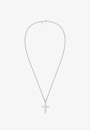 Sølvtov kædereg necklace med en poleret korsvedhæng, der har cirkulære accenter, hvilket skaber et struktureret udseende.