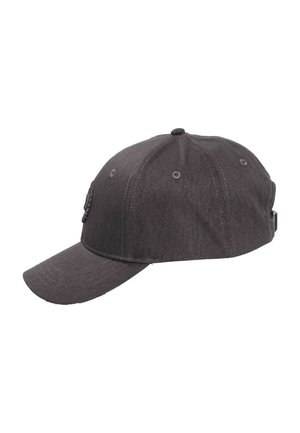 Dark gray baseball cap with curved brim, ventilation eyelets, and adjustable strap at the back, shown from a side angle.