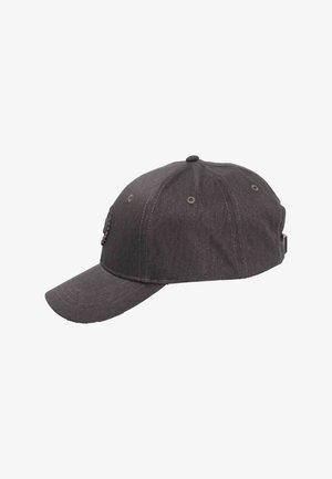 Dark gray baseball cap with curved brim, ventilation eyelets, and adjustable strap at the back, shown from a side angle.