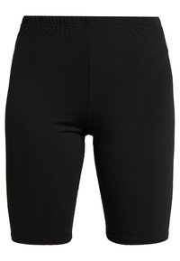 Czarne szorty rowerowe z elastycznym paskiem w talii, o długości do kolan i gładkiej fakturze. Brak widocznych wzorów lub ozdób.