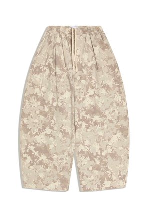 Voľné béžové a krémové široké nohavice s kvetinovým vzorom, elastickým pásom a šnúrkou na stiahnutie.