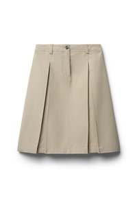 Jupe plissée beige, en tissu lisse. Dotée d'une fermeture à bouton et de deux plis avant, avec un ourlet droit et sans motifs visibles.