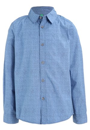 Langärmliges hellblaues Hemd mit feinem durchgehendem geometrischem Muster und Standardkragen.